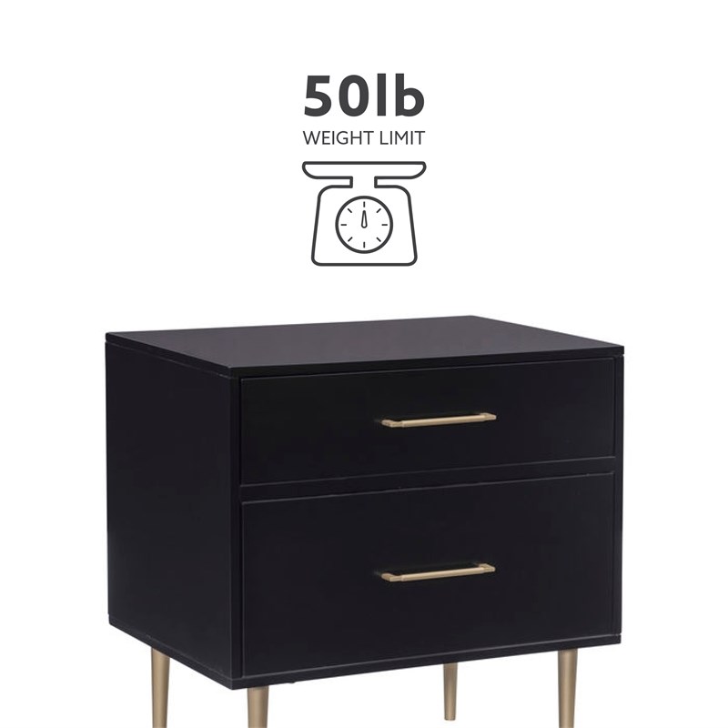 Linon Dylan Wood Nightstand with 2 Drawers and Gold Accents in Black