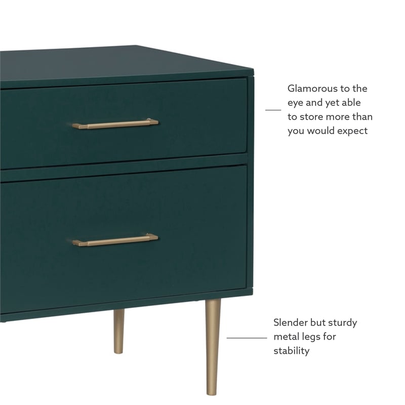 Linon Dylan Wood Nightstand with 2 Drawers and Gold Accents in Dark Green