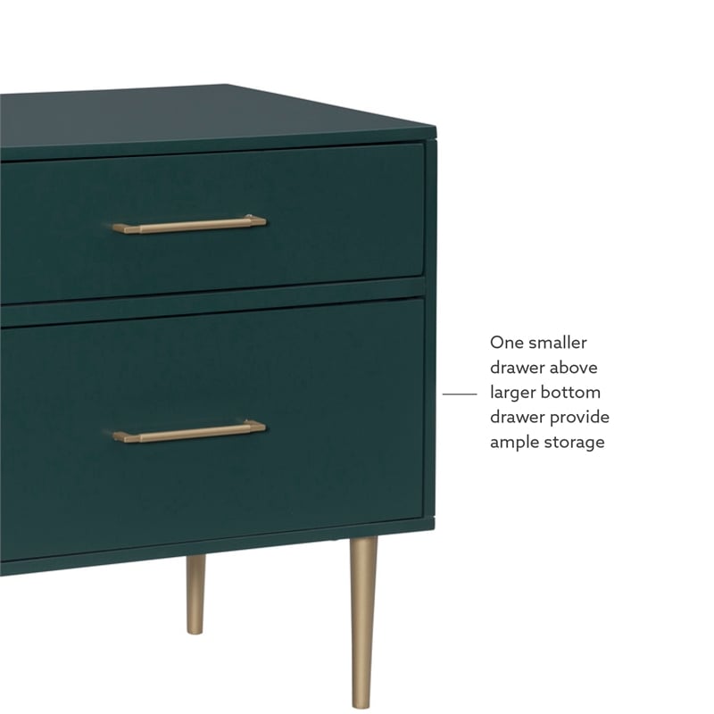 Linon Dylan Wood Nightstand with 2 Drawers and Gold Accents in Dark Green