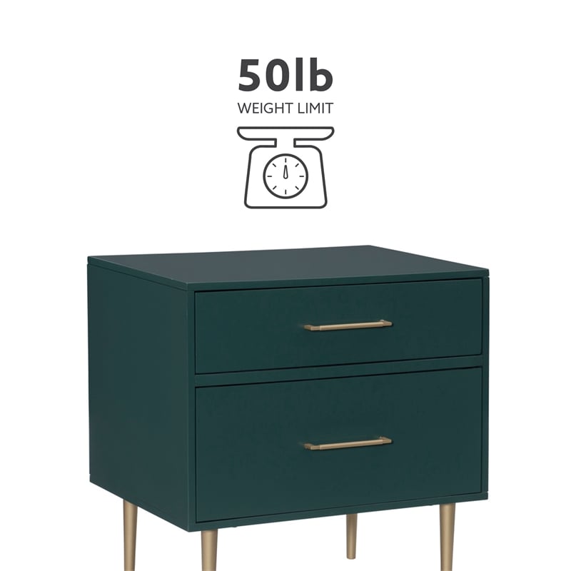 Linon Dylan Wood Nightstand with 2 Drawers and Gold Accents in Dark Green