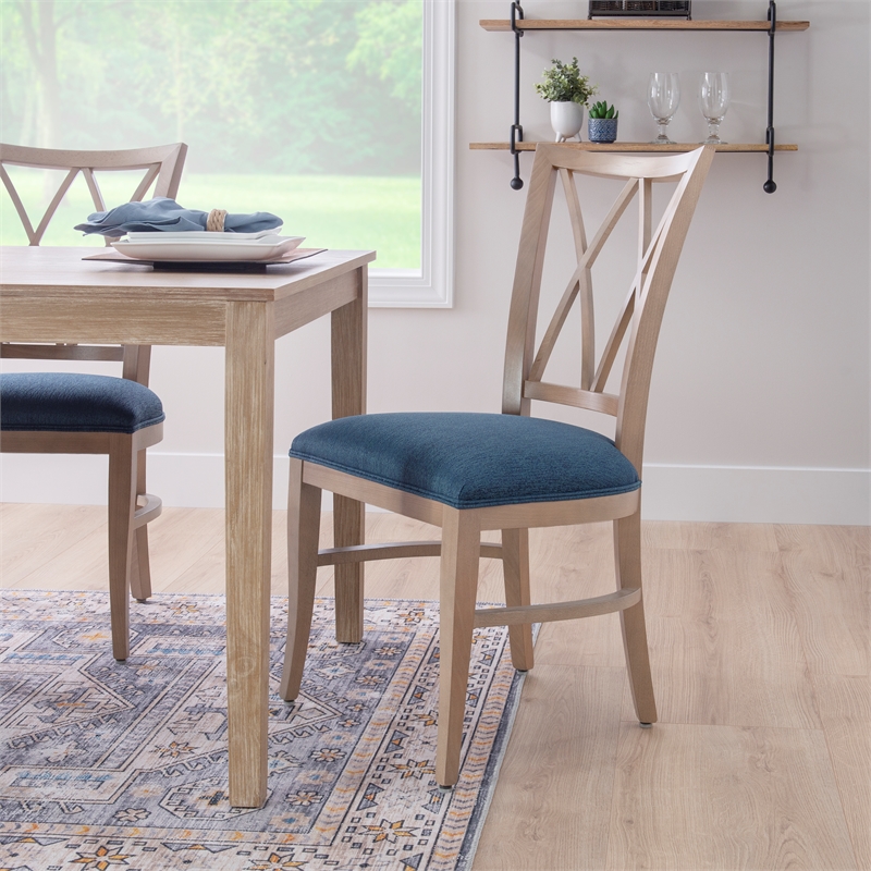 Linon Cameron Set of Two Lattice Back Dining Chairs Padded Seats in Natural Wood