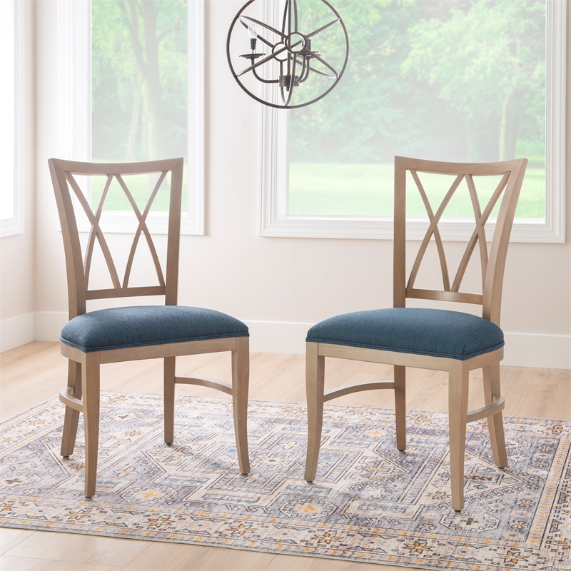 Linon Cameron Set of Two Lattice Back Dining Chairs Padded Seats in Natural Wood