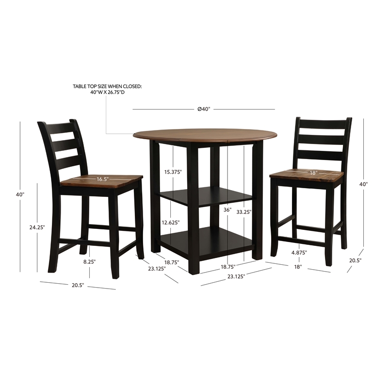 Linon Cain 3 Pce Counter Set with 2 Shelves in Brown Top/Black Wood Base