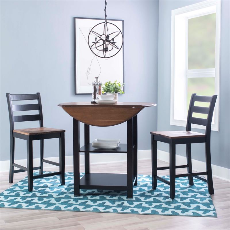 Linon Cain 3 Pce Counter Set with 2 Shelves in Brown Top/Black Wood Base