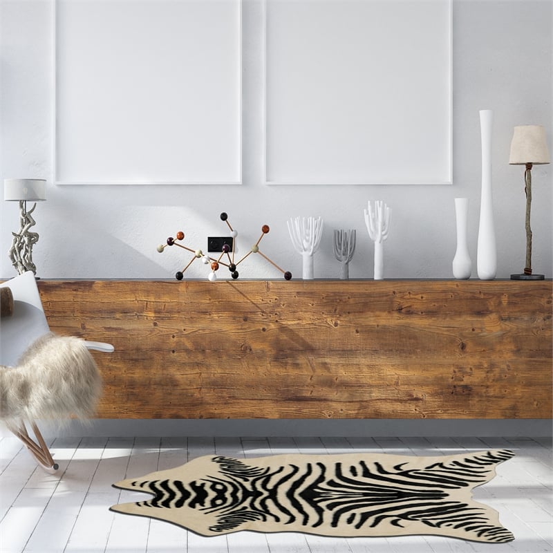 Linon Faux Hide Polyester Mini Zebra Accent Rug in Ivory and Black