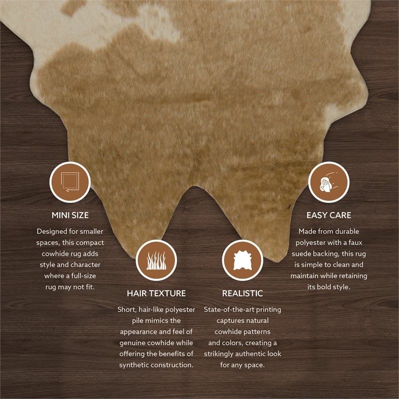 Linon Faux Hide Polyester Mini Cowhide Accent Rug in Caramel and Cream