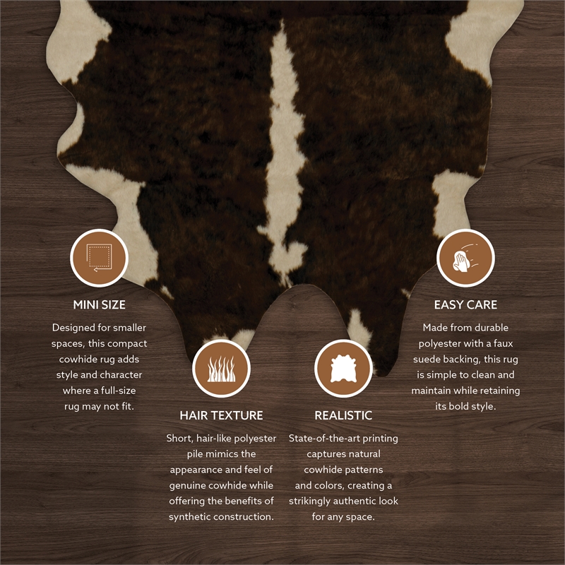 Linon Faux Hide Polyester Mini Cowhide Accent Rug in Brown