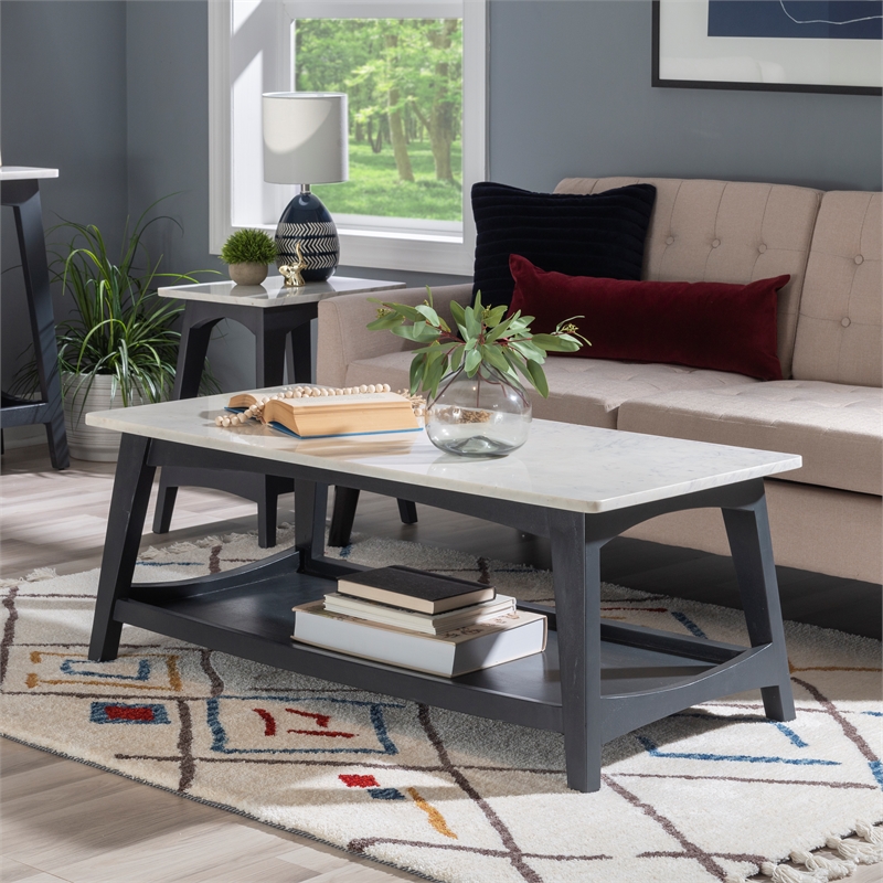 Linon Pace Coffee Table White Marble Top Wood Base/Shelf in Rustic Gray Finish