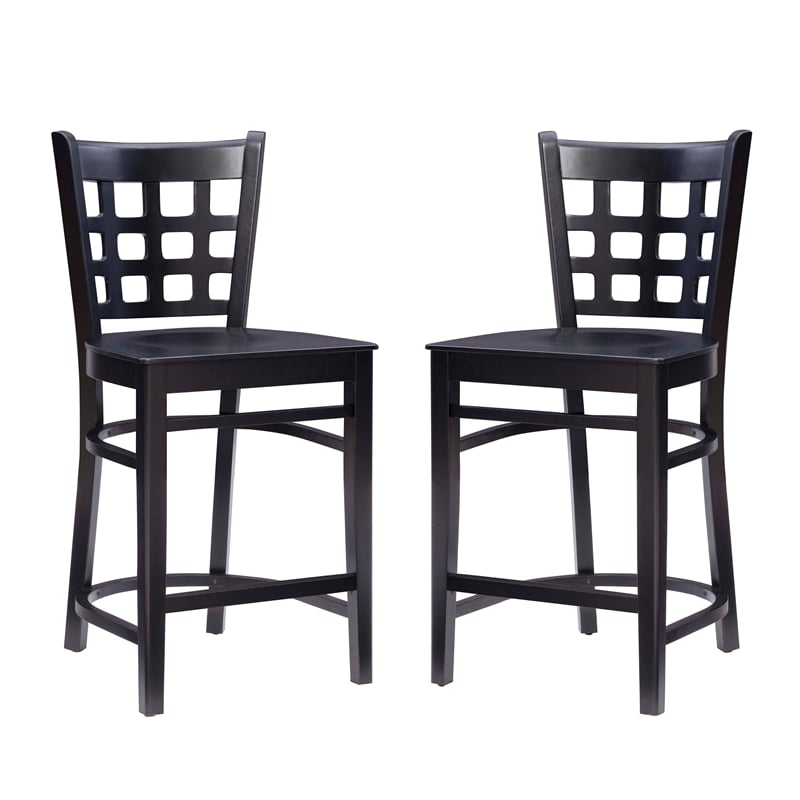 Linon Flint Commercial Grade Set of 2 Counter Stools Lattice Back in Black Wood