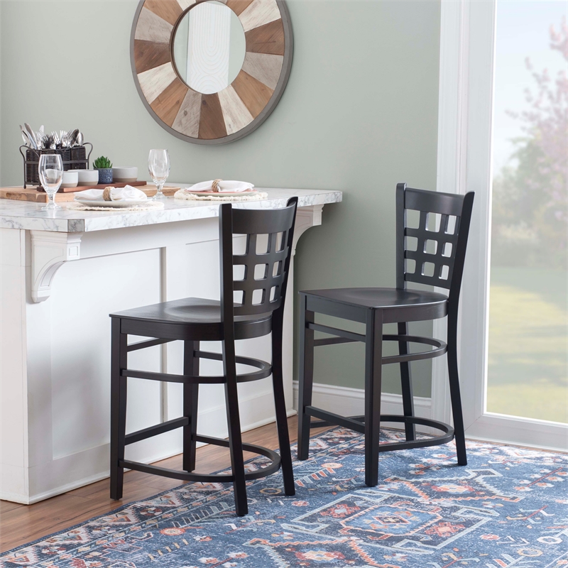 Linon Flint Commercial Grade Set of 2 Counter Stools Lattice Back in Black Wood