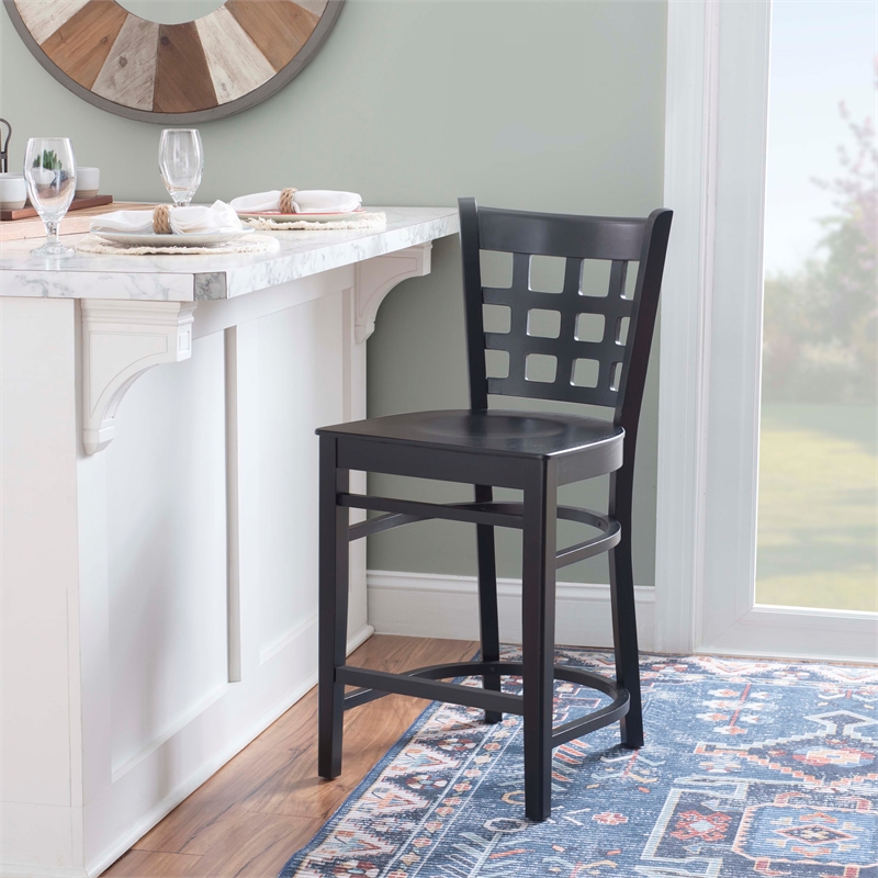 Linon Flint Commercial Grade Set of 2 Counter Stools Lattice Back in Black Wood