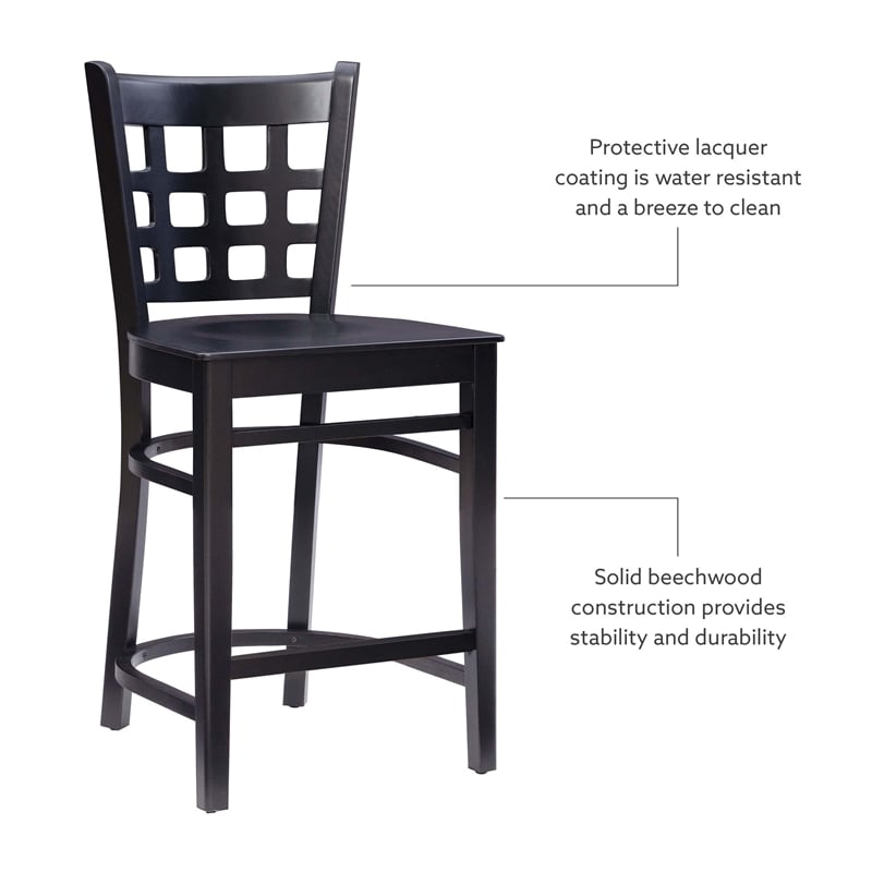Linon Flint Commercial Grade Set of 2 Counter Stools Lattice Back in Black Wood