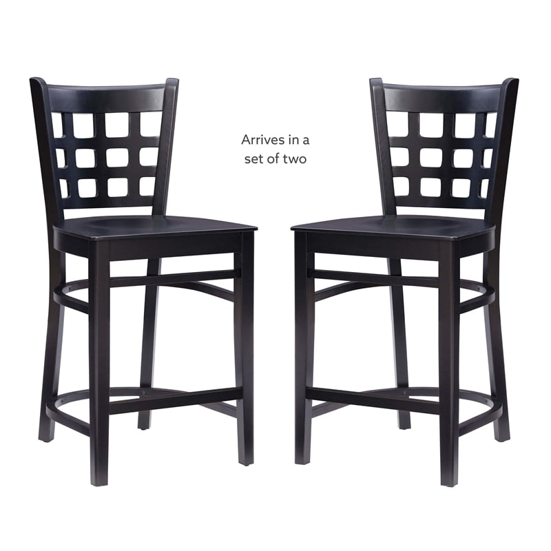 Linon Flint Commercial Grade Set of 2 Counter Stools Lattice Back in Black Wood