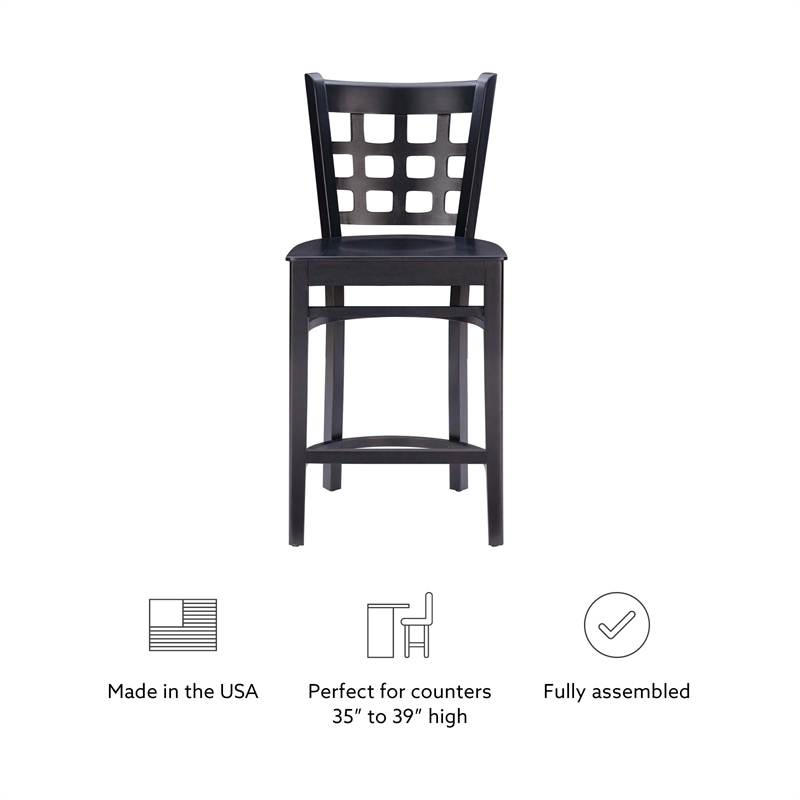 Linon Flint Commercial Grade Set of 2 Counter Stools Lattice Back in Black Wood