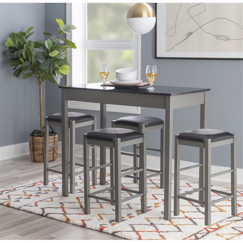 Linon Tifton Five Piece Faux Marble Upholstered Tavern Set in Gray Wood
