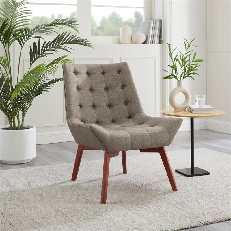 Linon Cruz Upholstered Tufted Accent Chair Wood Legs in Gray Fabric