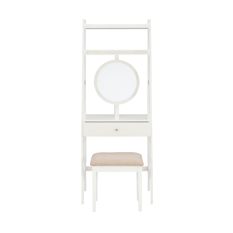 Linon Mandy Leaning Vanity Padded Stool Round Mirror & Drawer in White Wood
