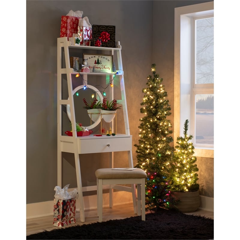 Linon Mandy Leaning Vanity Padded Stool Round Mirror & Drawer in White Wood