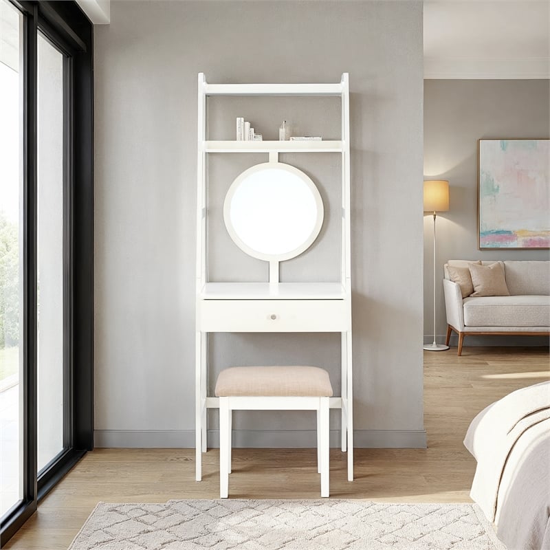 Linon Mandy Leaning Vanity Padded Stool Round Mirror & Drawer in White Wood