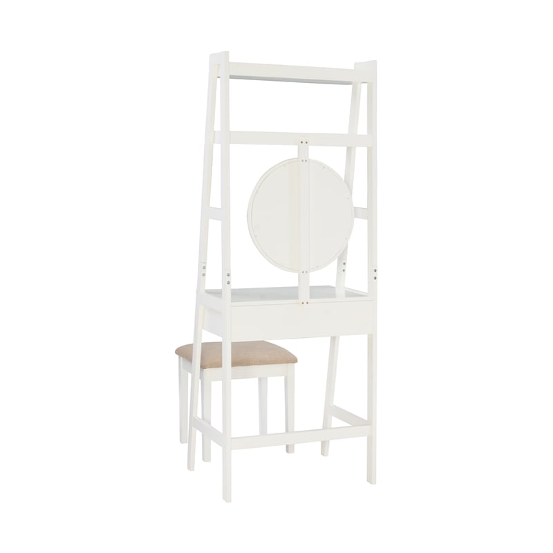 Linon Mandy Leaning Vanity Padded Stool Round Mirror & Drawer in White Wood