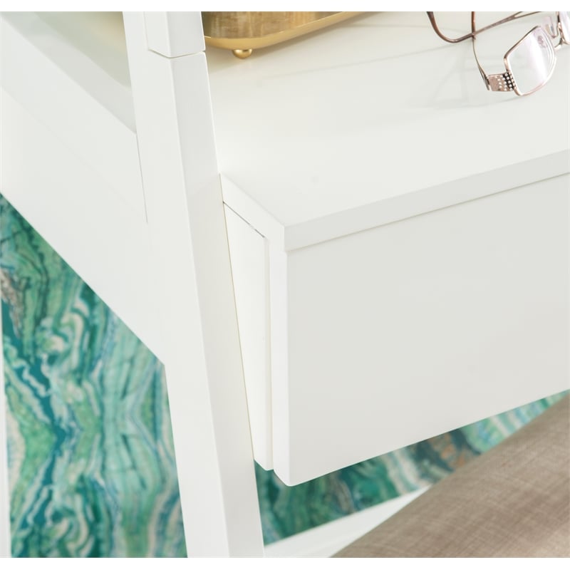 Linon Mandy Leaning Vanity Padded Stool Round Mirror & Drawer in White Wood