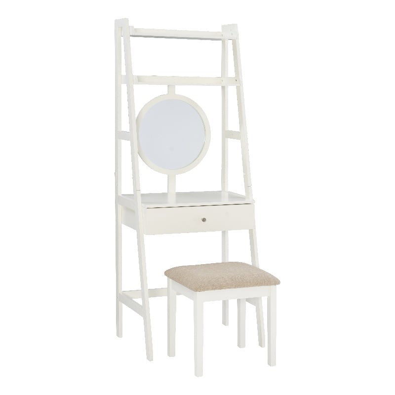 Linon Mandy Leaning Vanity Padded Stool Round Mirror & Drawer in White Wood