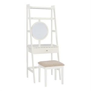 Linon Mandy Leaning Vanity Padded Stool Round Mirror & Drawer in White Wood