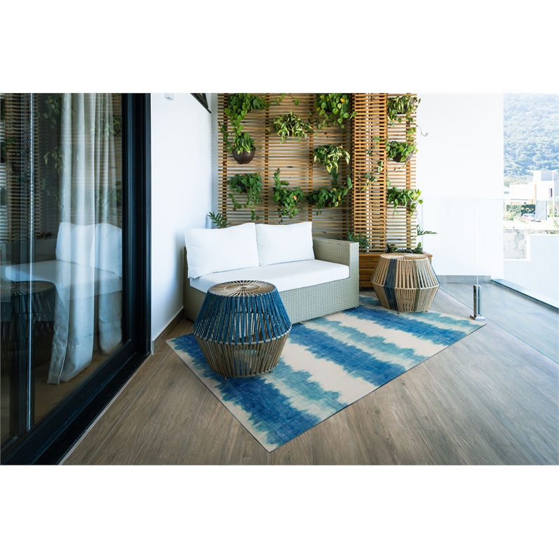Linon Indoor Outdoor Machine Washable Beck Accent 3'x5' Rug in Ivory and Blue