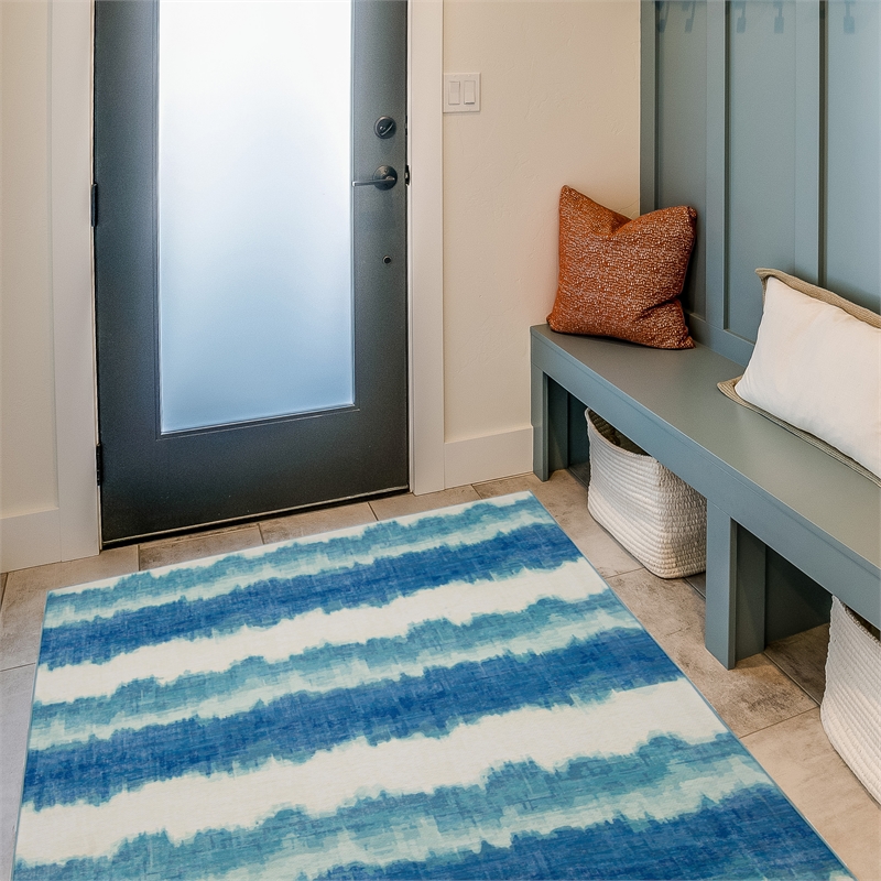 Linon Indoor Outdoor Machine Washable Beck Accent 3'x5' Rug in Ivory and Blue