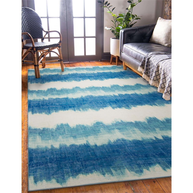 Linon Indoor Outdoor Machine Washable Beck Area 5'x7' Rug in Ivory and Blue