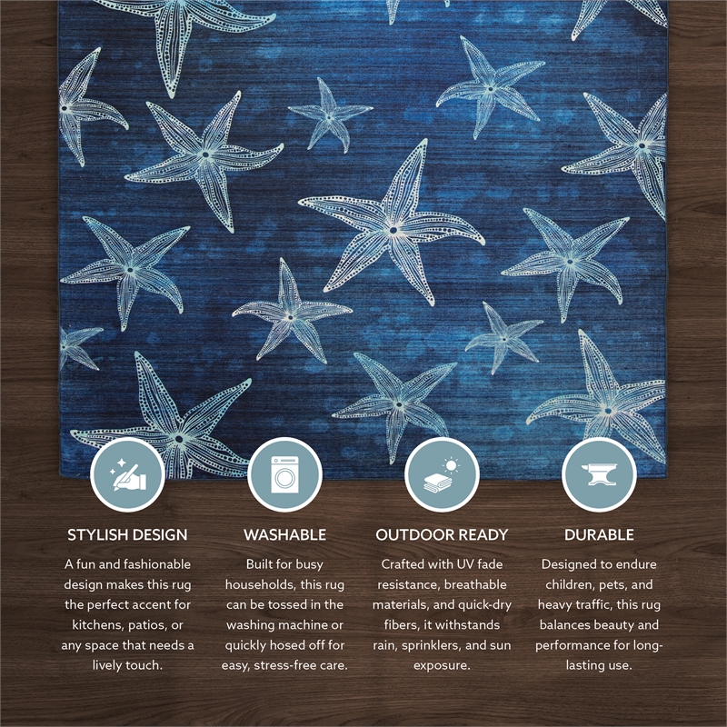 Linon Indoor Outdoor Machine Washable Bondi Polyester Area 5'x7' Rug in Blue