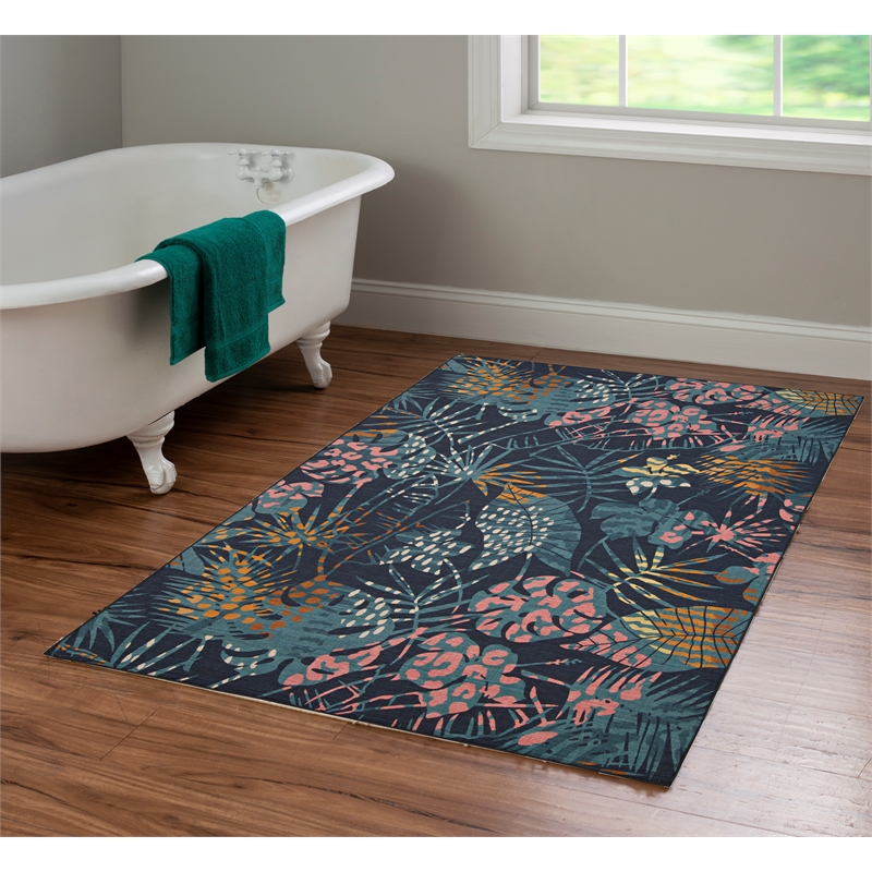 Linon Indoor Outdoor Machine Washable Myrtle Accent 3'x5' Rug in Navy and Gold
