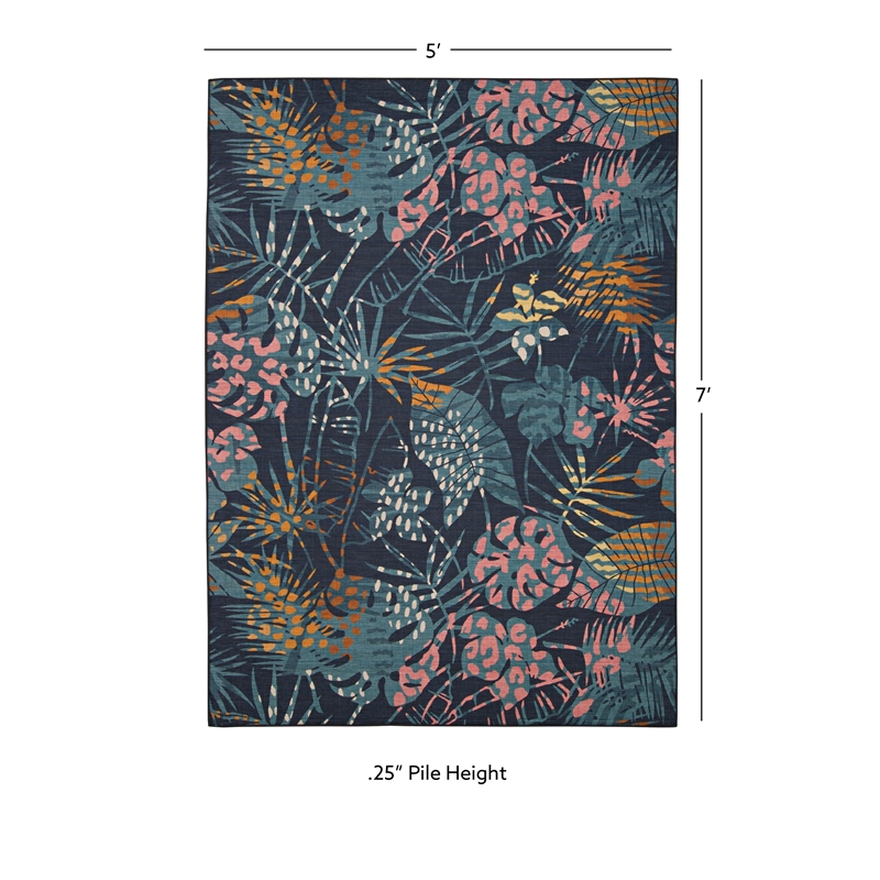 Linon Indoor Outdoor Machine Washable Myrtle Area 5'x7' Rug in Navy and Gold