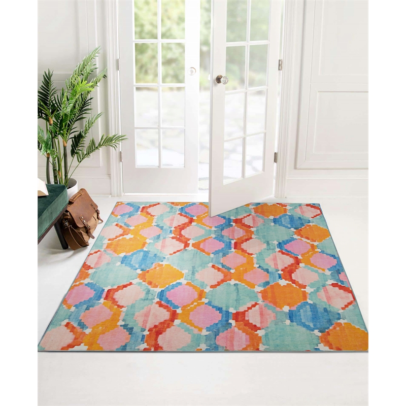 Linon Indoor Outdoor Machine Washable Grove Area 5'x7' Rug in Aqua Blue