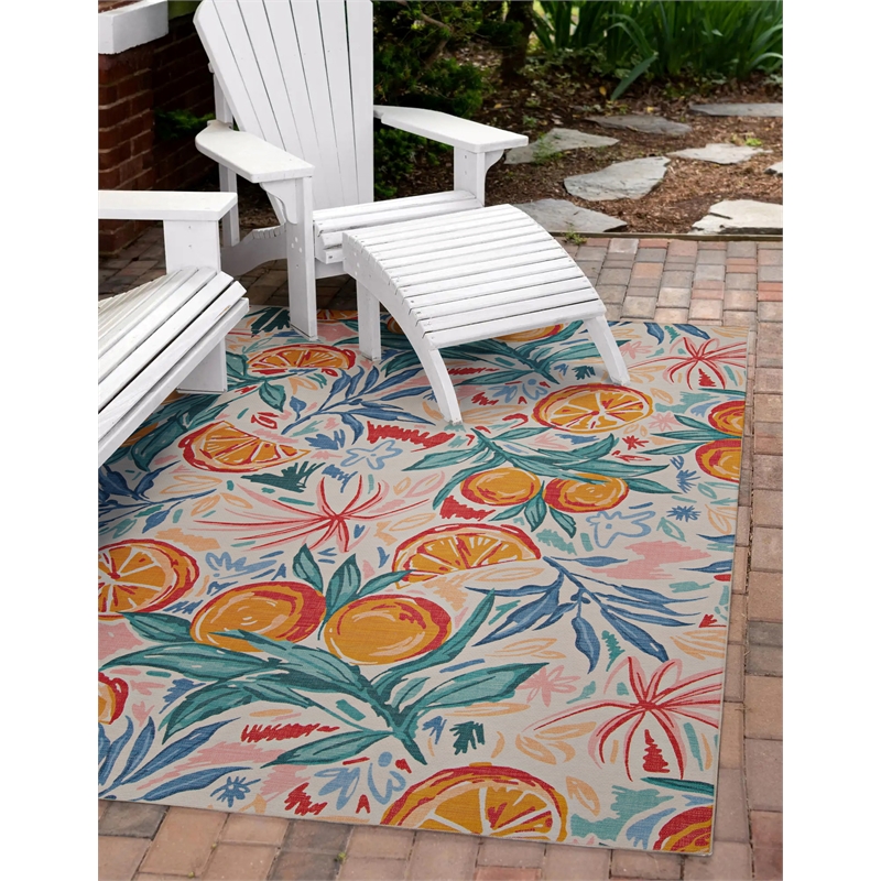 Linon Indoor Outdoor Machine Washable Marin Area 5'x7' Rug in Ivory and Orange