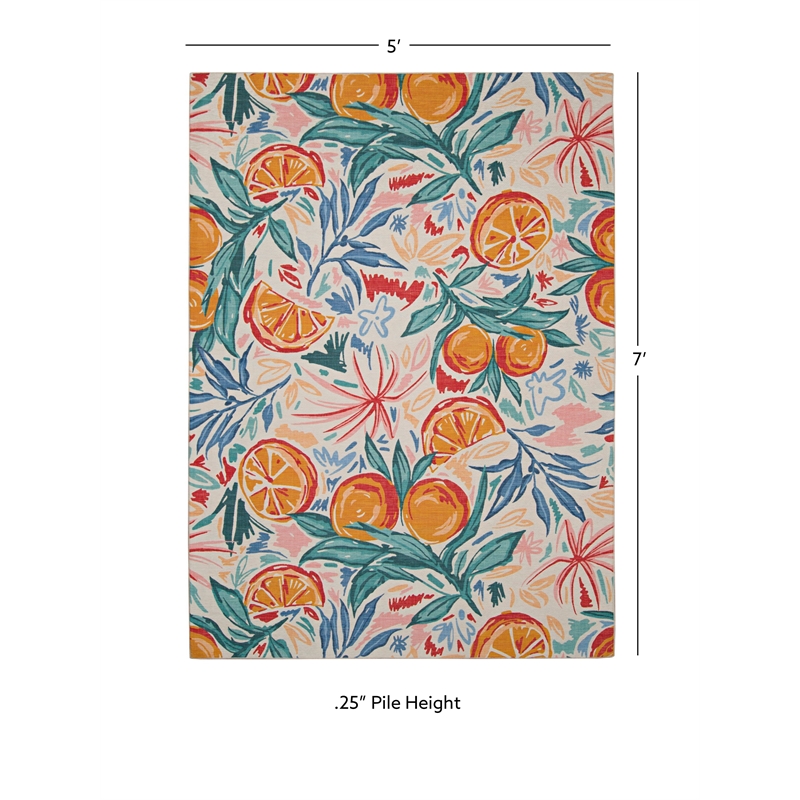 Linon Indoor Outdoor Machine Washable Marin Area 5'x7' Rug in Ivory and Orange