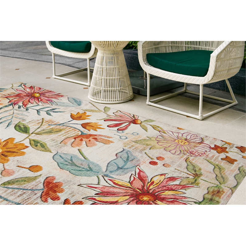 Linon Indoor Outdoor Machine Washable Ridley Area 5'x7' Rug in Ivory and Pink