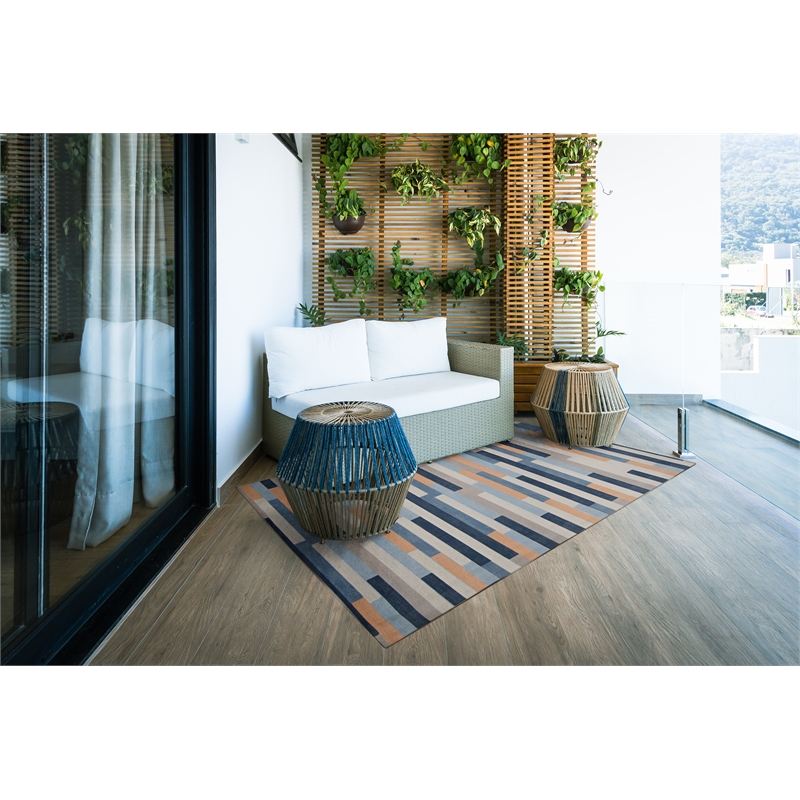 Linon Indoor Outdoor Machine Washable Bali Accent 3'x5' Rug in Ivory and Blue