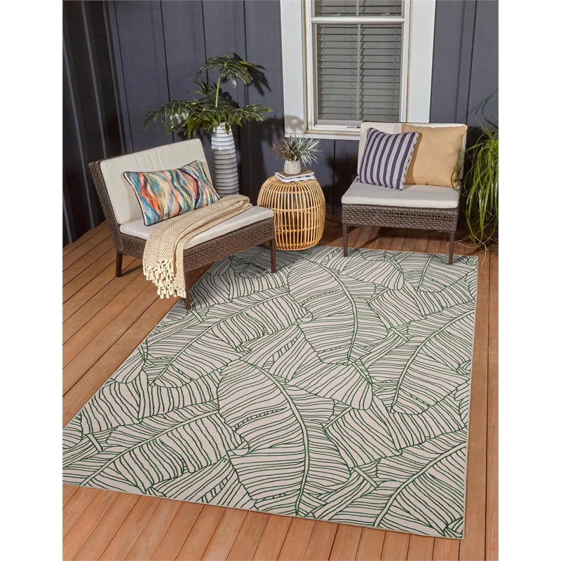 Linon Indoor Outdoor Machine Washable Apia Area 5'x7' Rug in Ivory and Green
