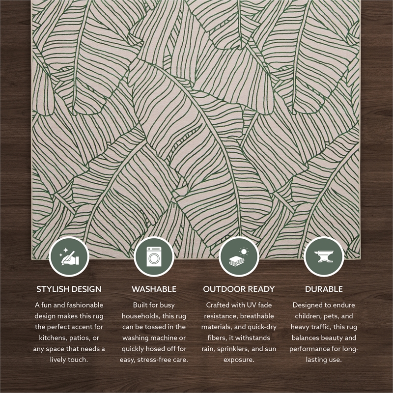 Linon Indoor Outdoor Machine Washable Apia Area 5'x7' Rug in Ivory and Green