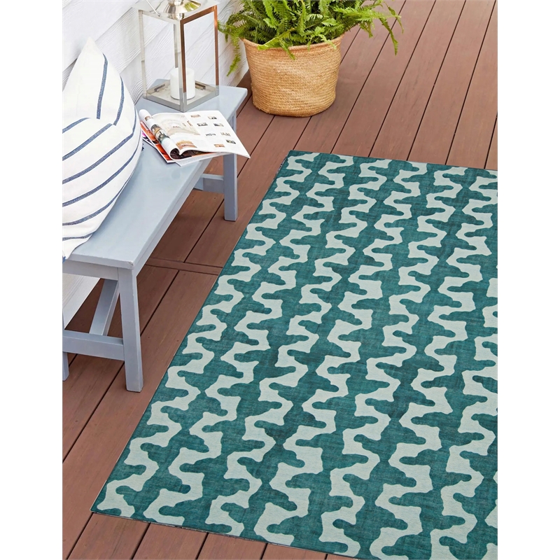 Linon Indoor Outdoor Machine Washable Montane Accent 3'x5' Rug in Aqua Blue