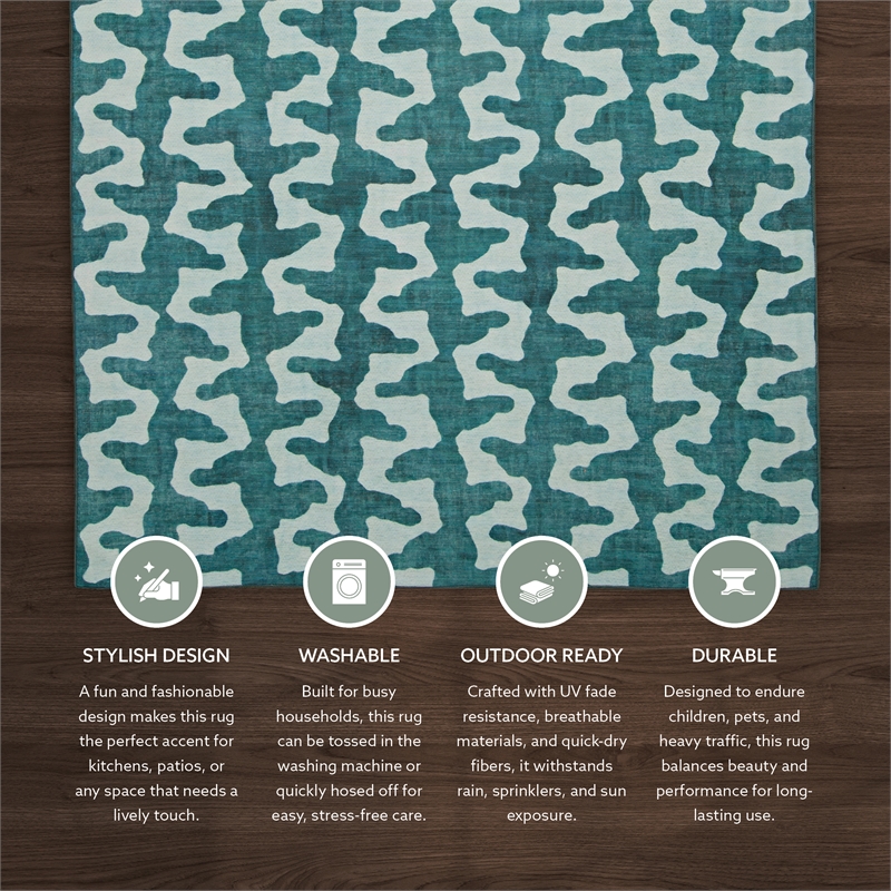 Linon Indoor Outdoor Machine Washable Montane Area 5'x7' Rug in Aqua Blue