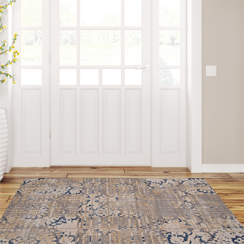 Linon Indoor Outdoor Machine Washable Anthia Accent 3'x5' Rug in Navy and Sand
