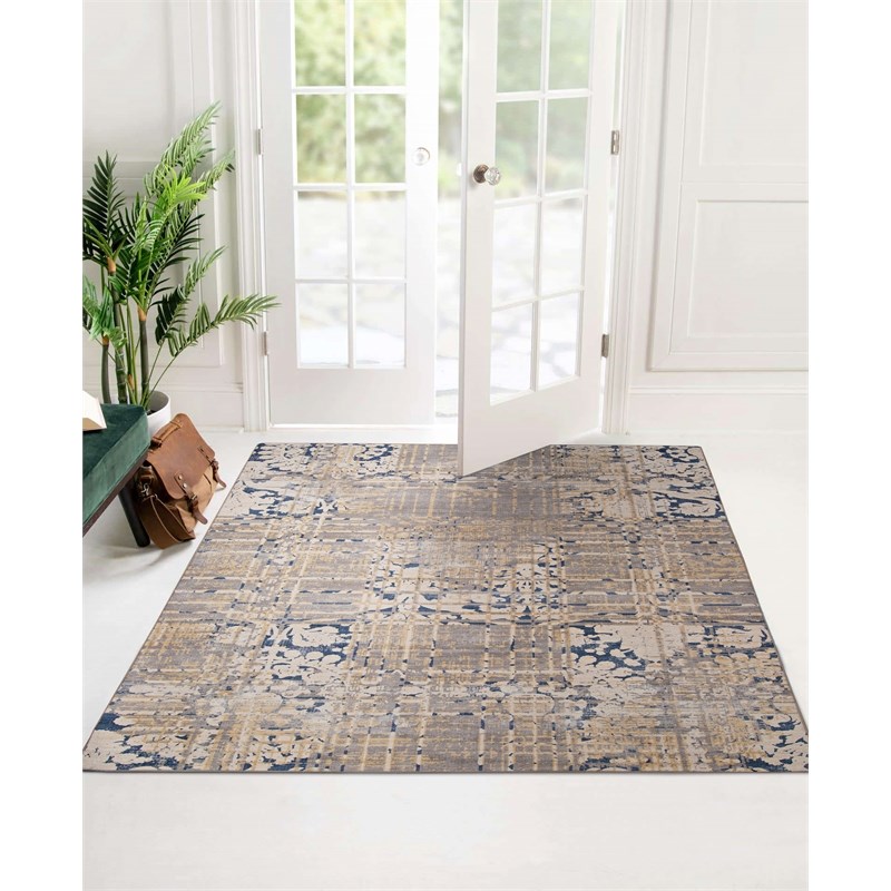 Linon Indoor Outdoor Machine Washable Anthia Area 5'x7' Rug in Navy and Sand