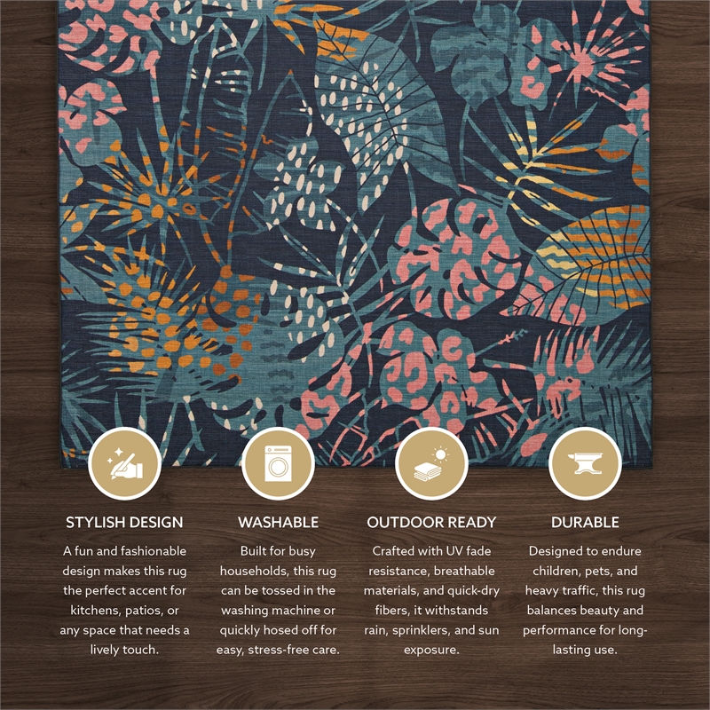 Linon Indoor Outdoor Machine Washable Myrtle Area 7'x9' Rug in Navy and Gold