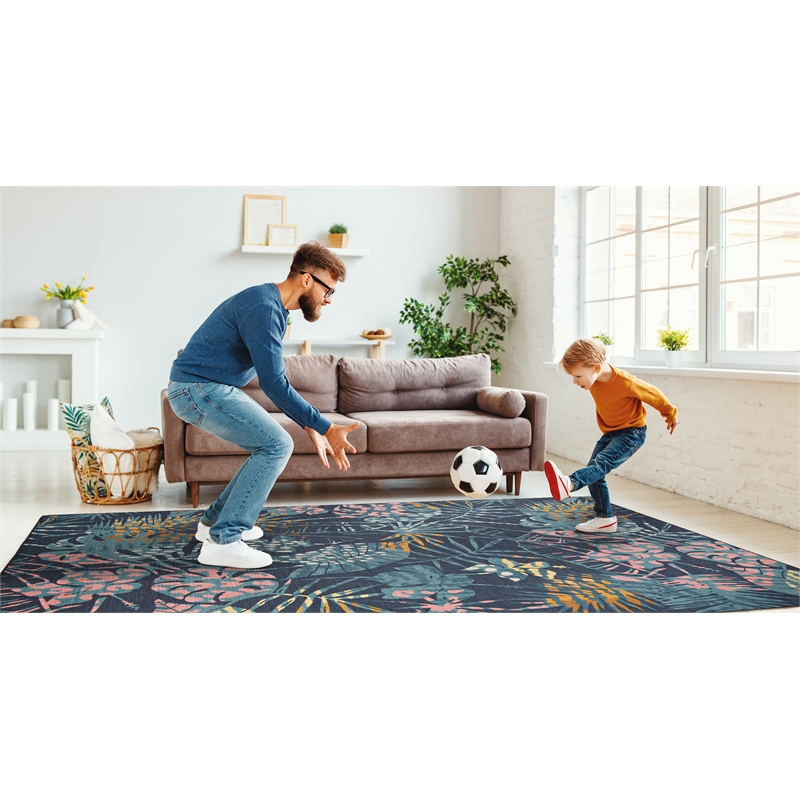 Linon Indoor Outdoor Machine Washable Myrtle Area 7'x9' Rug in Navy and Gold