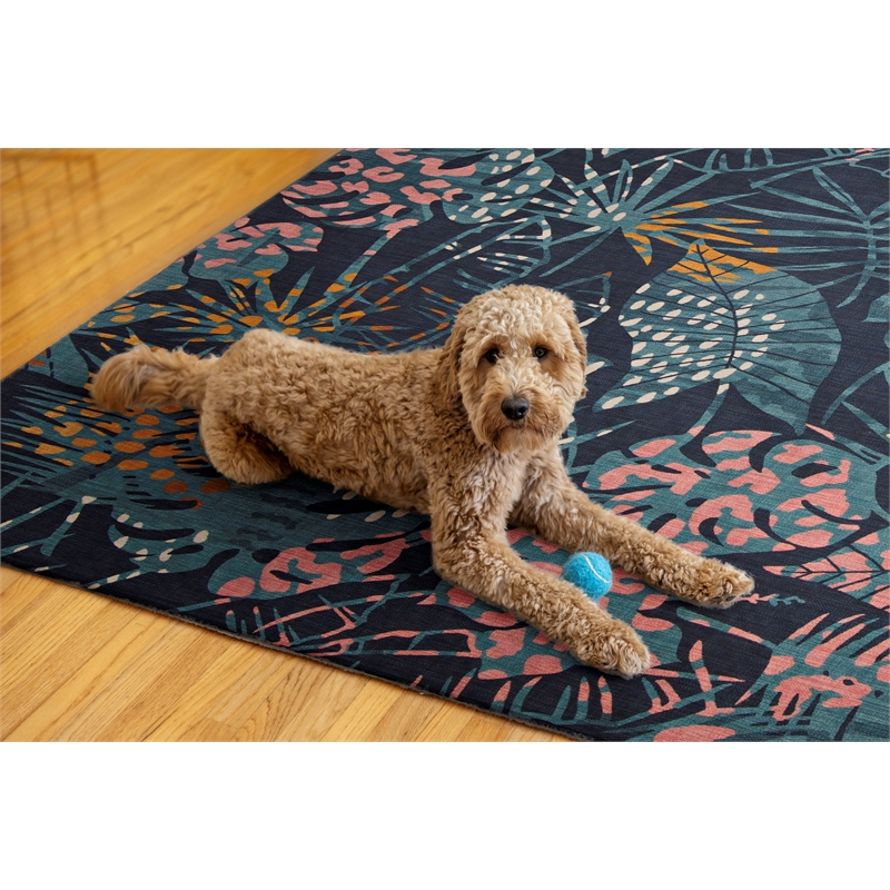 Linon Indoor Outdoor Machine Washable Myrtle Area 7'x9' Rug in Navy and Gold