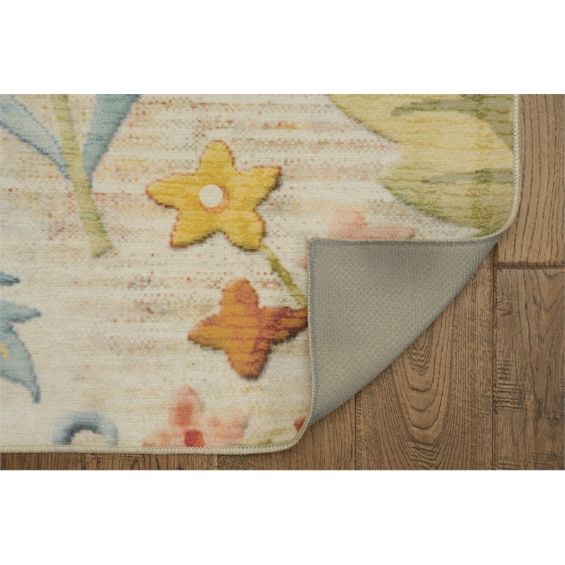 Linon Indoor Outdoor Machine Washable Ridley Area 7'x9' Rug in Ivory and Pink