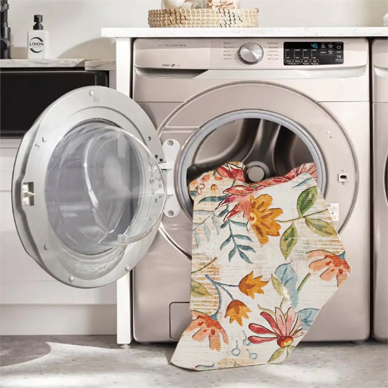 Linon Indoor Outdoor Machine Washable Ridley Area 7'x9' Rug in Ivory and Pink