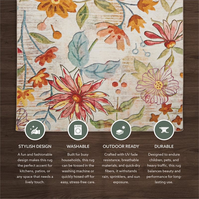 Linon Indoor Outdoor Machine Washable Ridley Area 7'x9' Rug in Ivory and Pink